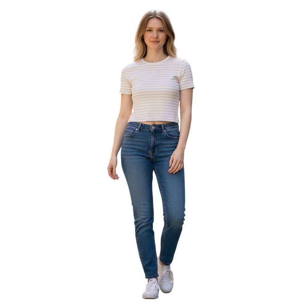 DKNY Jeans Womens Ribbed Striped Short Sleeve Crop Top Ivory Natural XXS